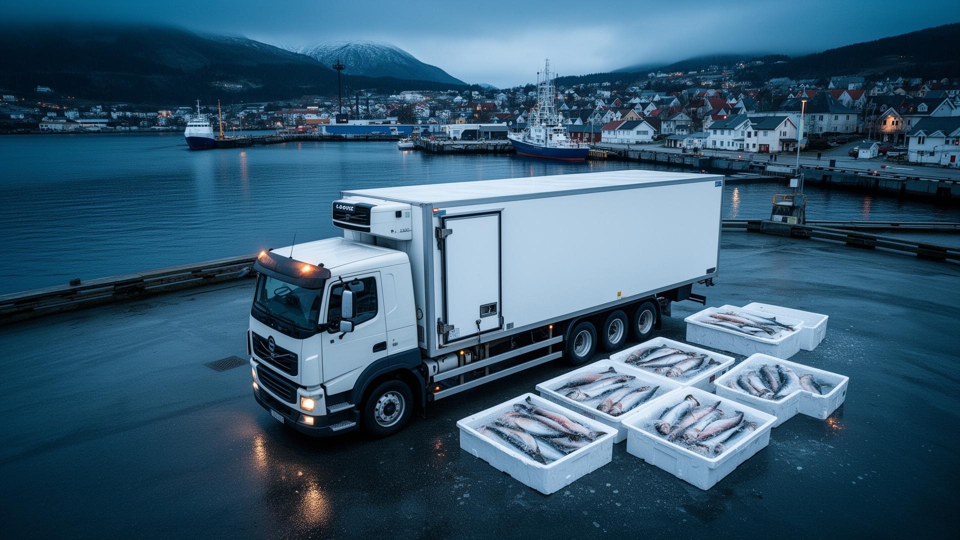 WAYS Logistics reefer truck collecting fresh fish at a Nordic port